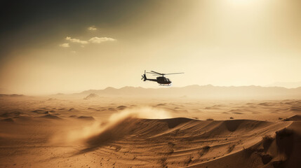 Fototapeta na wymiar A military chopper flying low over a desert landscape, kicking up a plume of dust, the harsh sun casting long shadows, the rugged terrain stretching out to the horizon