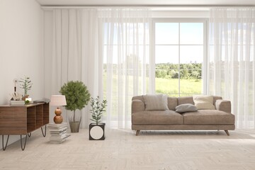 Bright interior design with modern furniture and summer landscape in window. 3D illustration