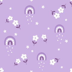 Seamless pattern with cute flower and rainbows on violet background vector illustration. Cute floral print.