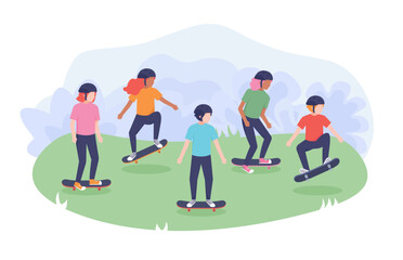 Group of flat children riding skateboard in the park.