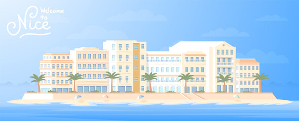 Tourist resort in Nice by the sea. Flat street with buildings horizontal illustration.