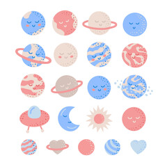 Set of cute childish smiling planets isolated on white background.