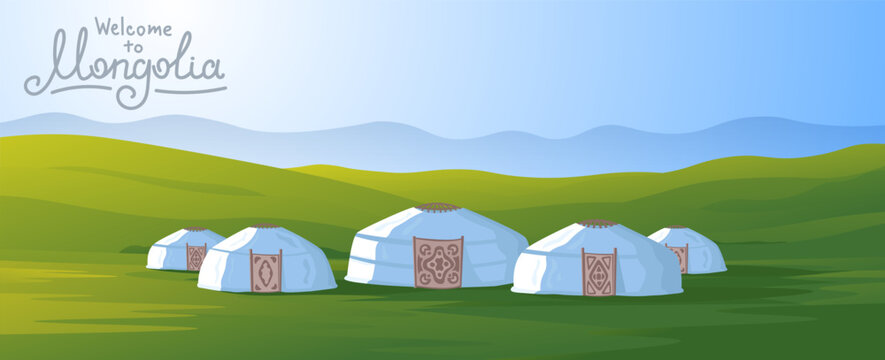Mongolian yurts on green steppes background.