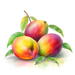 Watercolor illustration of mango fruit, isolated on white background. Generative AI