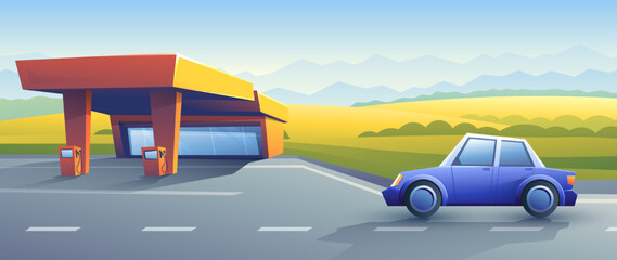 Blue sedan car is driving to a gas station. Refueling automobile scene. Realistic daytime summer illustration of fuel station near the highway.