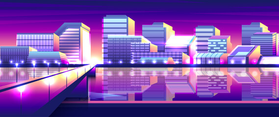 Night neon modern city. Bridge over river on metropolis background horizontal illustration.