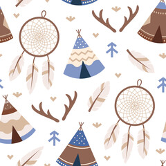 Traditional Native American tribal background. Wigwam colorful seamless pattern.