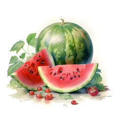 Watercolor illustration of watermelon fruit, isolated on white background. Generative AI