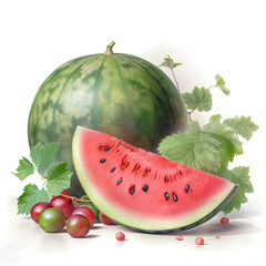 Watercolor illustration of watermelon fruit, isolated on white background. Generative AI