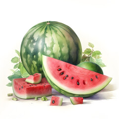 Watercolor illustration of watermelon fruit, isolated on white background. Generative AI