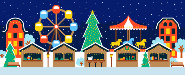 Christmas Fair on the city street. Flat evening celebration illustration with shops and amusement park.