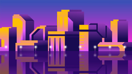 Horizontal city view in warm colors. Gradient high buildings on sunset background.