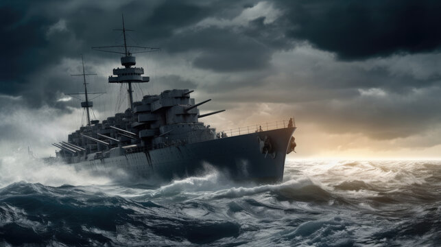 a massive battleship cutting through the choppy waves © Denis Bayrak