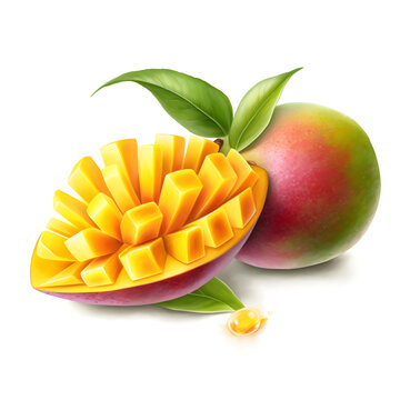 Watercolor illustration of mango fruit, isolated on white background. Generative AI
