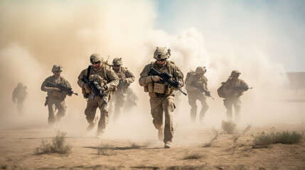 a group of soldiers advancing across a barren and desert