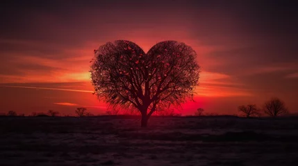 Fotobehang バレンタインデーに夕日に照らされたハート型のツリーGenerativeAI © シャーマン