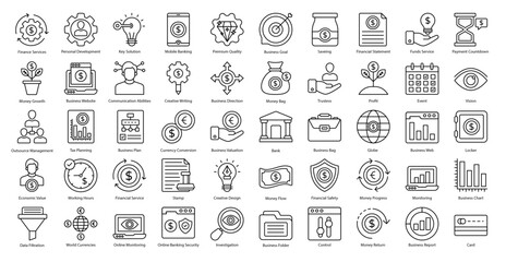 Financial Services Thin Line Icons Banking Finance Icon Set in Outline Style 50 Vector Icons in Black