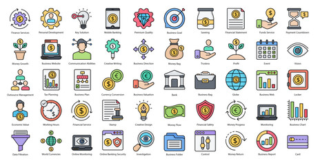 Fototapeta na wymiar Financial Services Color Line Icons Banking Finance Icon Set in Filled Outline Style 50 Vector Icons 