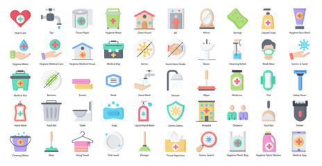 Hygiene Flat Icons Healthcare Hand Wash Icon Set in Color Style 50 Vector Icons 