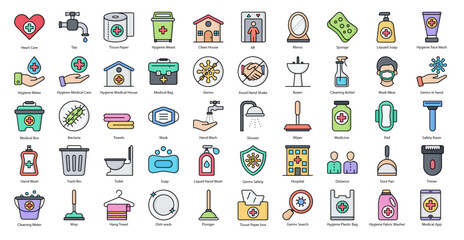 Hygiene Color Line Icons Healthcare Hand Wash Icon Set in Filled Outline Style 50 Vector Icons 