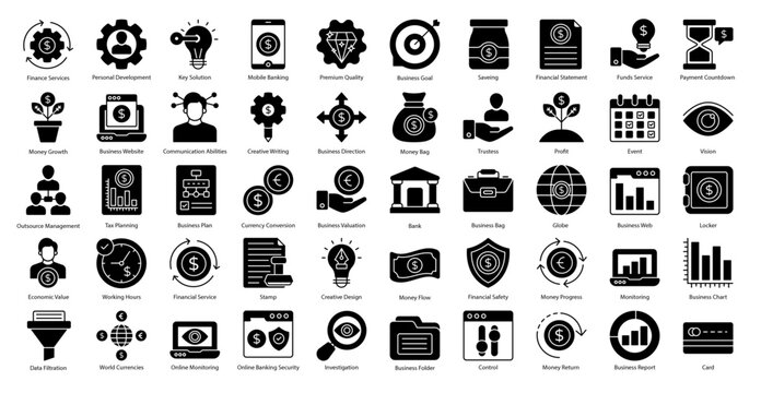 Financial Services Glyph Icons Banking Finance Icon Set in Glyph Style 50 Vector Icons in Black