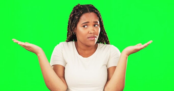 Face, confused woman and shrug on green screen, hands and forgot questions of choice, emoji and reaction. Portrait, female model and dont know why in doubt, confusion and uncertainty in body language