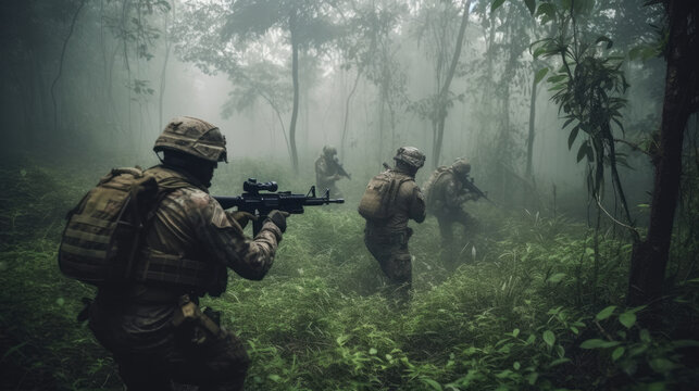 A squad of soldiers moving stealthily throug a jungle