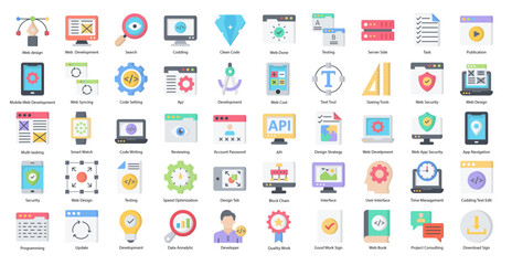 Web Development Flat Icons Coding Web Design Icon Set in Color Style 50 Vector Icons