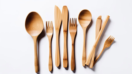 Top_view_and_flat_lay_of_bamboo_wooden_cutlery_isolated on white with Generative AI Technology
