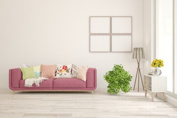 White scandinavian interior design with sofa. 3D illustration