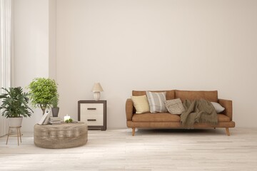 White living room with sofa. Scandinavian interior design. 3D illustration