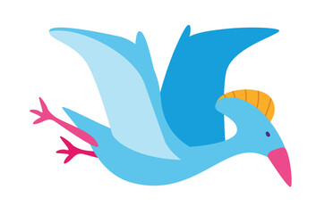 Concept Dinosaurs set. The illustration is a flat vector design that showcases the concept of cartoon dinosaurs on a white background, featuring a blue pterodactyl. Vector illustration.