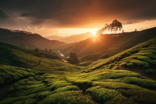 magical sunset over tea plantation, with rolling hills and clouds in the background, created with generative ai