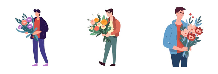 set vector illustration of man holding a bouquet for his wife for for the birth of an heir