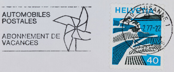 briefmarke stamp vintage retro alt old helvetia schweiz swiss switzerland 40 blue blau gestempelt frankiert cancel used gebraucht windmühle windmill slogan webung cancellation stempel postauto 1977