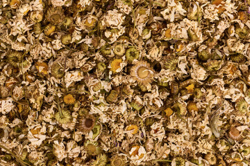 Background of dried natural chamomile flowers close-up - 592318927