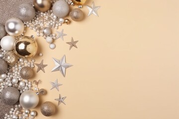 白と金と銀のクリスマスツリーの飾り、星、ディスコボール、スパンコール、サーペンタイン、空白のあるベージュの背景の写真GenerativeAI