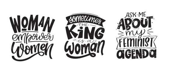 Obraz premium Set with lettering slogans about girl power, feminism. Funny quotes for blog, poster and print design. Modern calligraphy texts about self care. Vector illustration