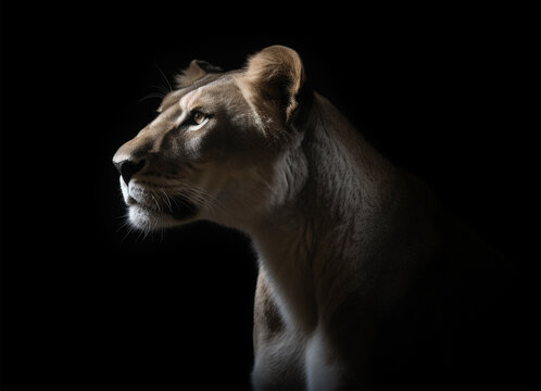 Detailed portrait of lioness face, isolated on black background. generative ai