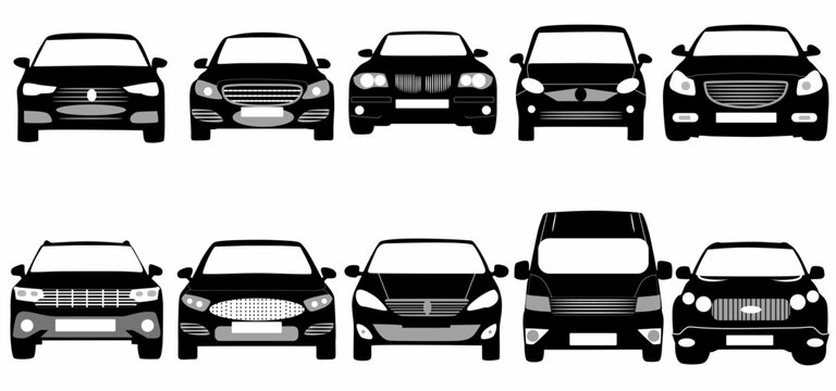 Car icon set. Front look. Vehicle silhouette isolated on white background