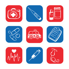Symbole medyczne - zestaw ikon. Znaki związane z medycyną. Torba lekarska, termometr, tabletki, lekarstwa, ambulans, recepta, strzykawka, stetoskop, elektrokardiogram. Przybory lekarskie, lekarz - obrazy, fototapety, plakaty