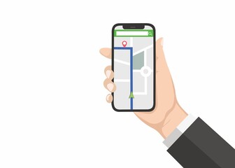 Hand holding a mobile phone and navigating on a white background