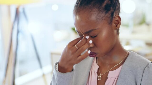 Black woman, headache and pain in business office, fatigue or tired after working. Mental health, migraine and professional person with anxiety, depression or burnout, exhausted or workplace stress.
