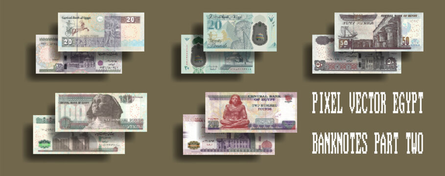 Vector set of pixel mosaic Egyptian banknotes. Paper and plastic bills, denominations of 20, 50, 100 and 200 pounds. Part two.
