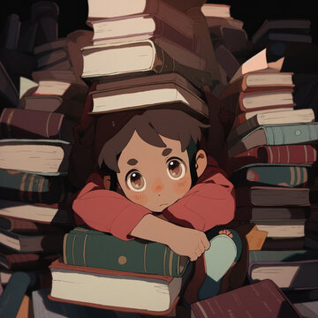 A cartoon illustration of a child sitting in a big pile of books, looking bored sad and frustrated. 