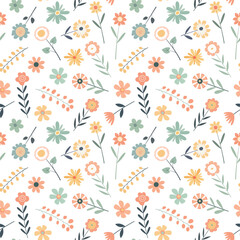 Vector colorful floral seamless pattern. Design for fabric, packaging, textile, and wallpaper. Seamless background with pastel color flowers in scandinavian style.