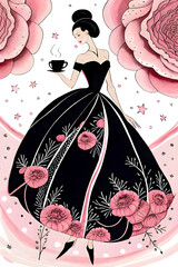 Graphic fashion asia ink silhouette of a art deco woman with cup of coffee or tea generative ai. Fashion luxury. Feminine concept