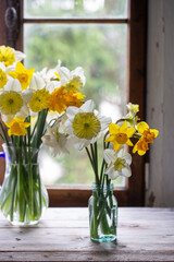 Vaso e vasetto di vetro riempiti di mazzetti di narcisi gialli e bianchi disposti davanti ad una finestra di legno