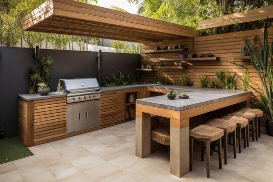 an outdoor kitchen with a table and grill, generative AI