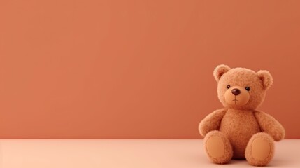 Animation style teddy bear on orange background with copy space. Toy bear image as an illustration of childhood or play
